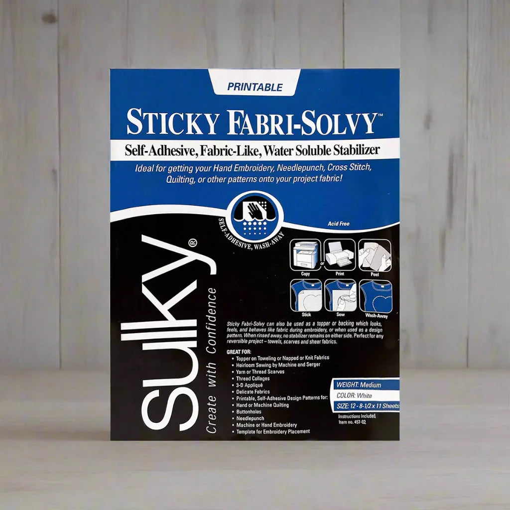 Packaging of Sukky Sticky Fabri-Solvy on a neutral background