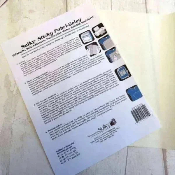 Sulky Sticky Fabri-Solvy packaging with text and branding on a light background