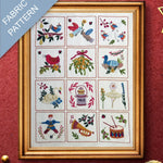 Framed fabric pattern with embroidered designs on a red background