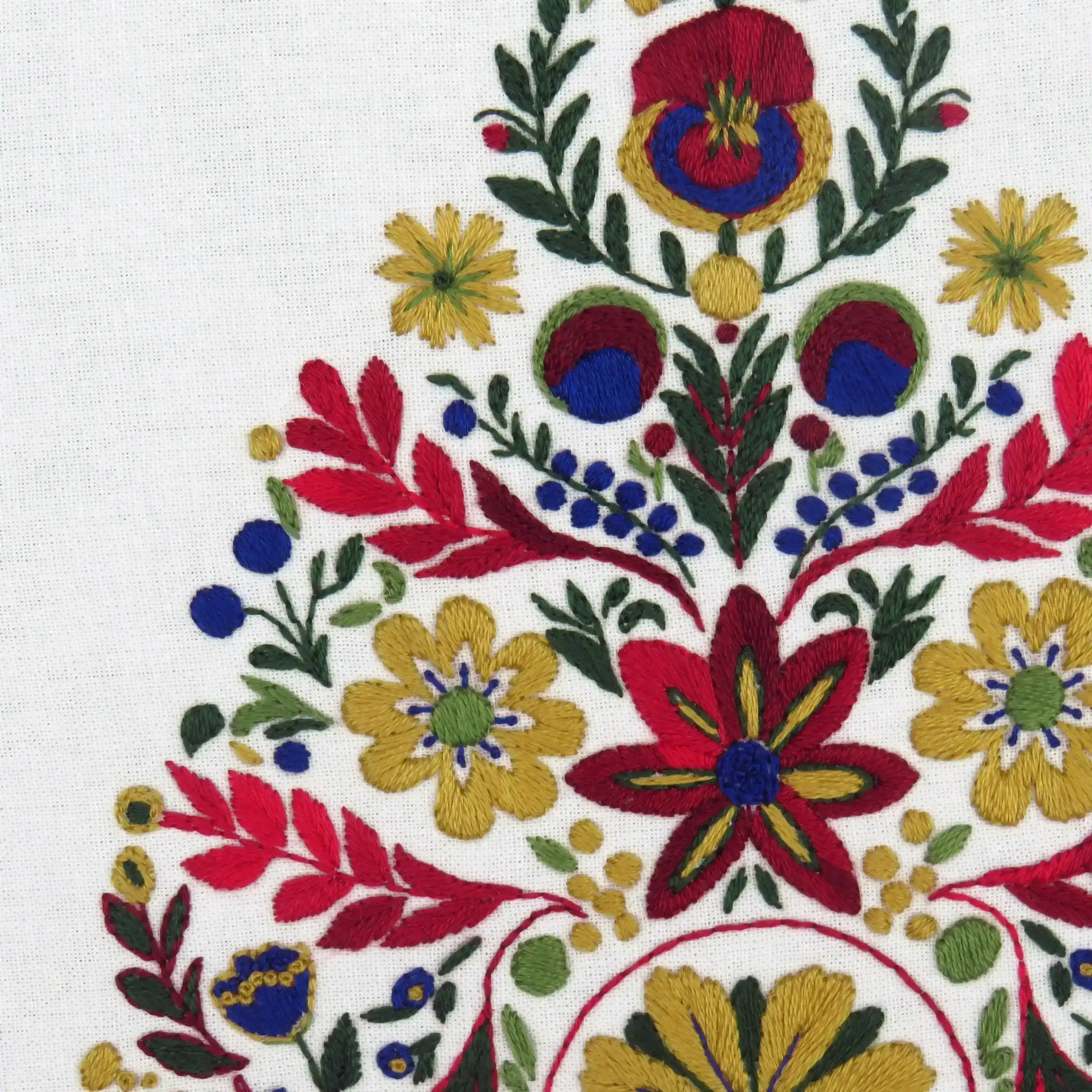 Close-up of a colorful floral embroidery pattern on fabric.