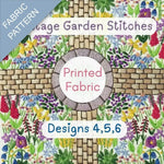Fabric pattern with floral design and text 'Village Garden Stitches Printed Fabric Designs 4,5,6'.