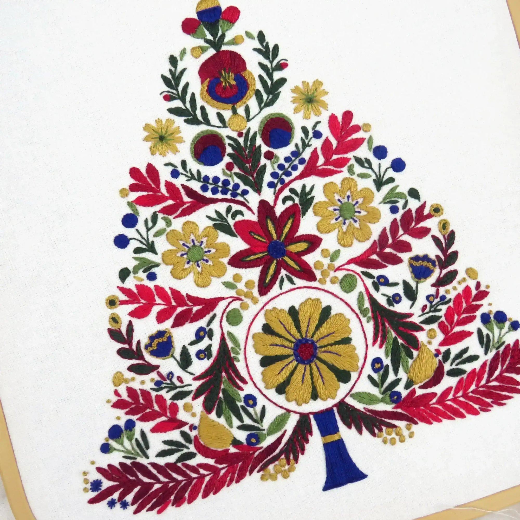 Colorful floral embroidery design on a white background