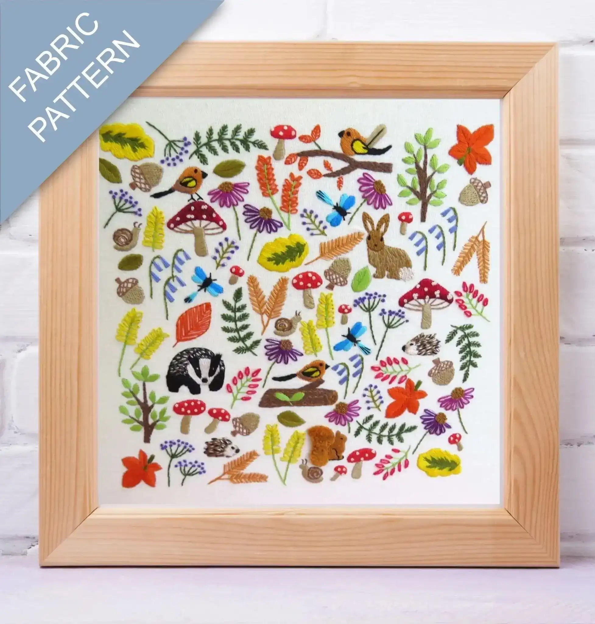 Framed fabric pattern with nature-themed designs on a white background