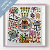 Embroidery pattern with a house, garden elements, and animals on a white background.