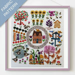 Embroidery pattern with a house, garden elements, and animals on a white background.