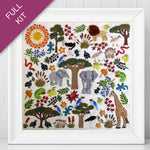 Embroidery kit with colorful animals and plants on a white background