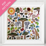 Colorful animal pattern with trees and plants on a white background, framed with a pink border.