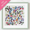 Embroidery pattern with colorful birds and flowers in a green frame.
