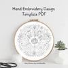 Hand embroidery design template PDF with floral pattern in an embroidery hoop on a white background.