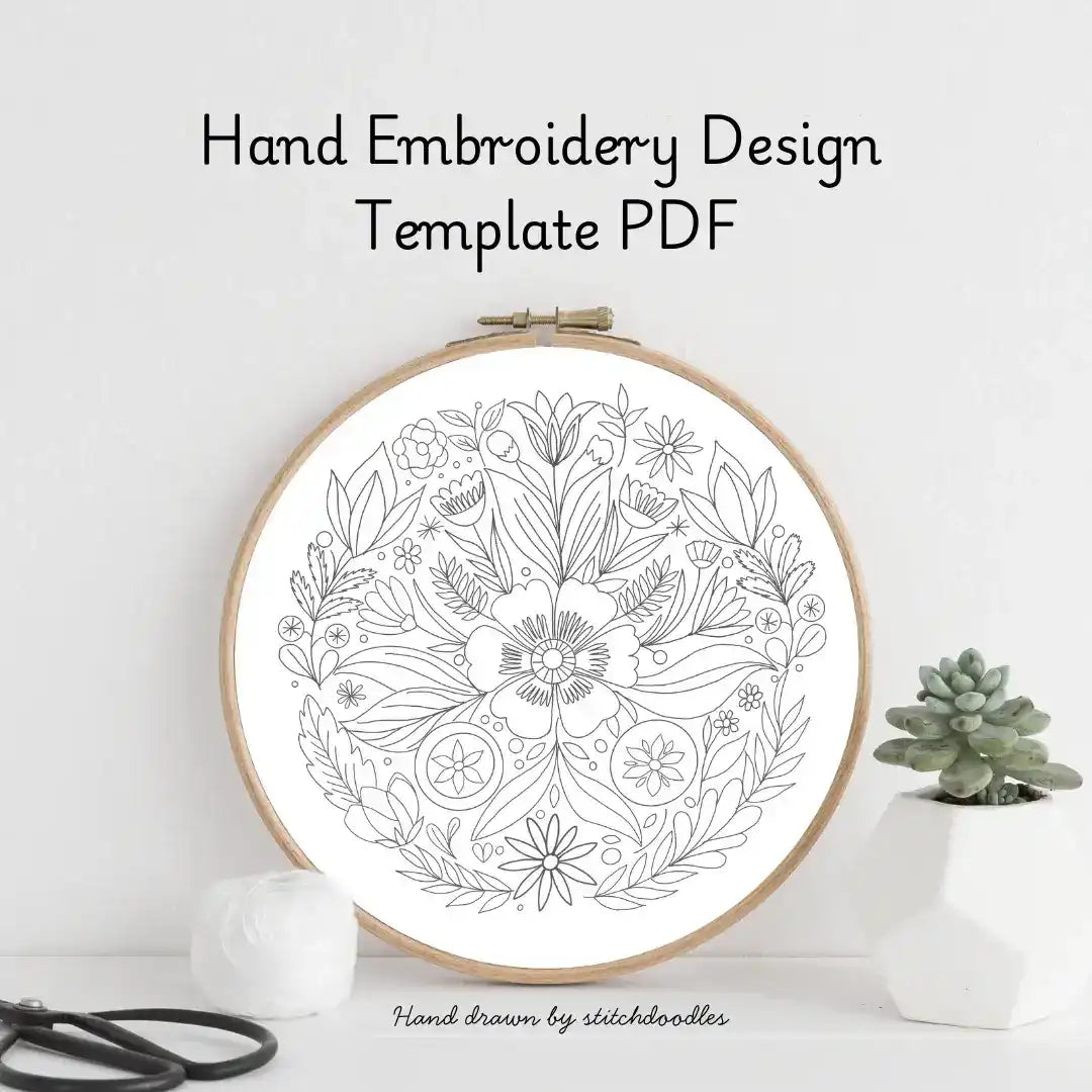 Hand embroidery design template PDF with floral pattern in an embroidery hoop on a white background.