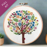 Embroidery hoop with a colorful tree design on a gradient background