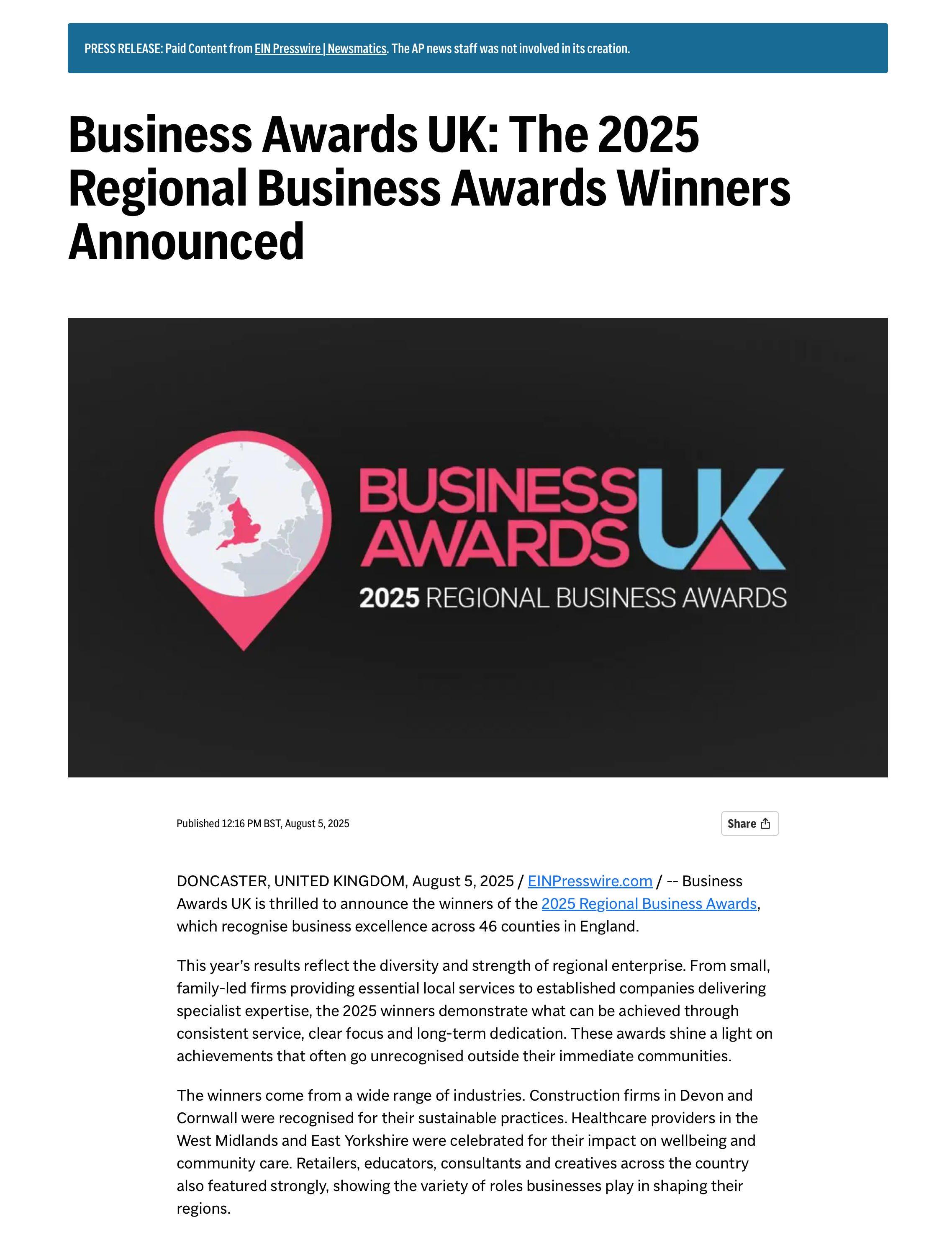 News article about the 2025 Regional Business Awards winners announced by Business Awards UK.