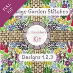 Embroidery kit packaging with floral designs and text on a purple background
