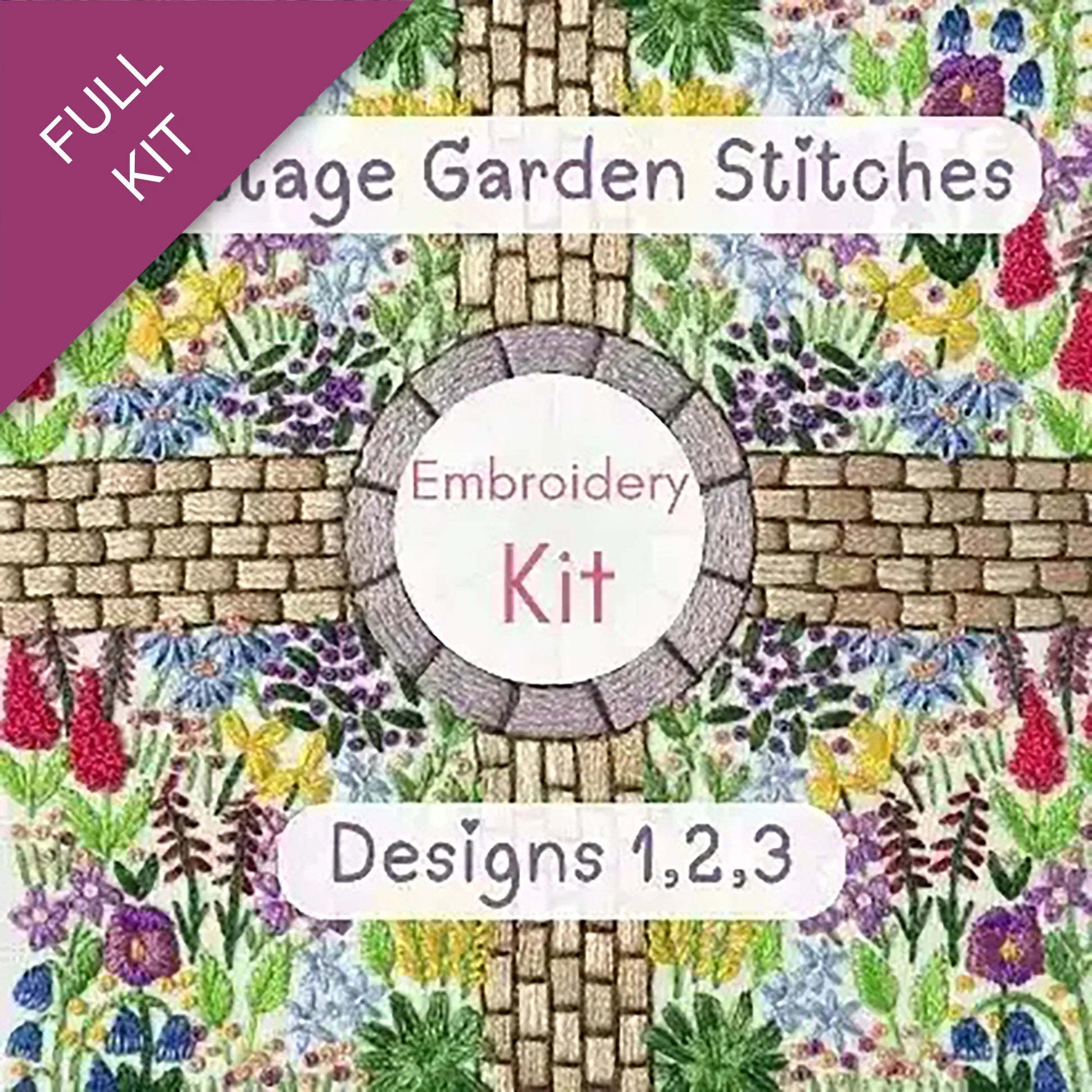 Embroidery kit packaging with floral designs and text on a purple background