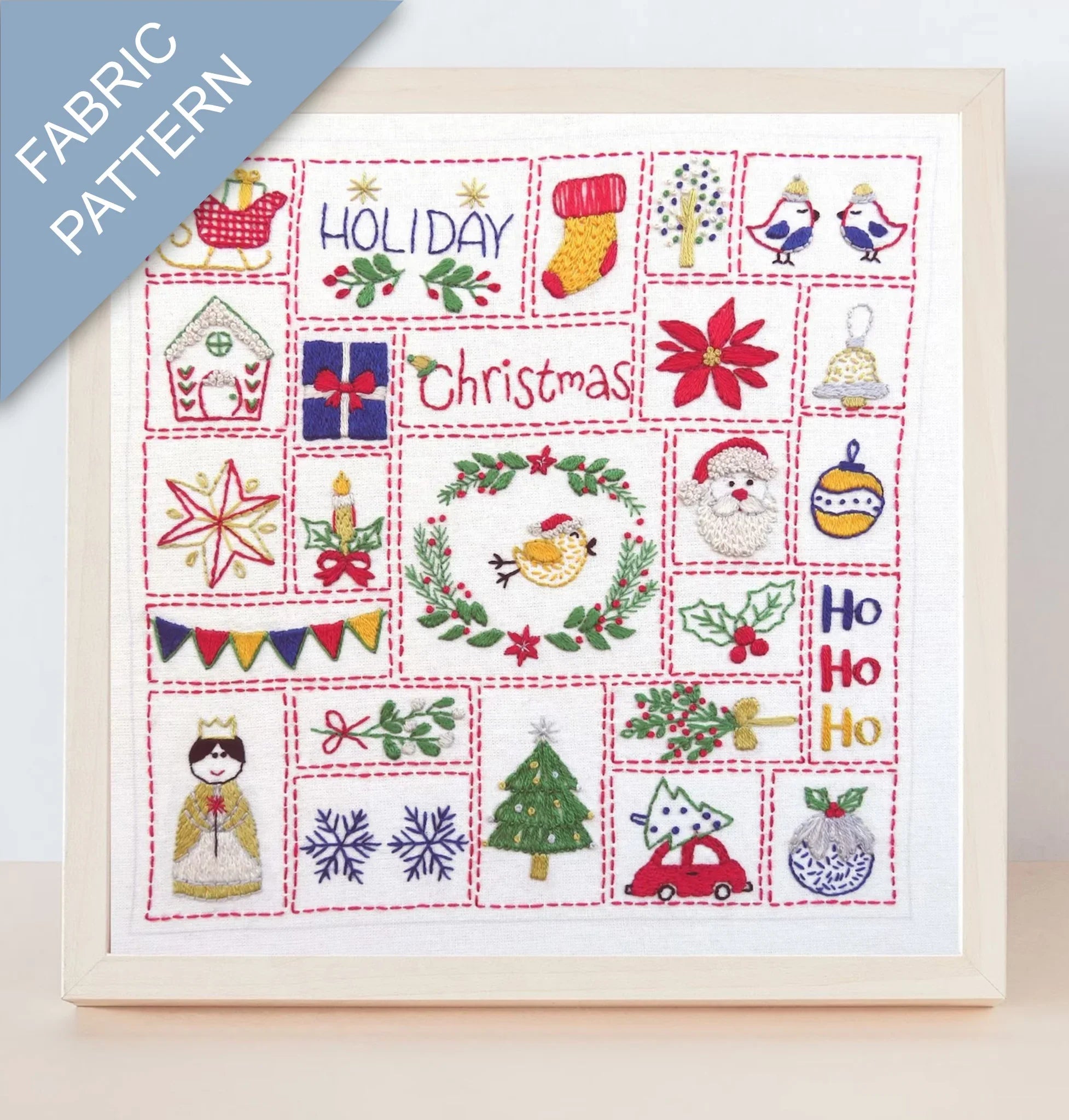 Fabric pattern with Christmas-themed designs on a white background