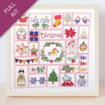 Embroidery kit with Christmas-themed designs on a white background