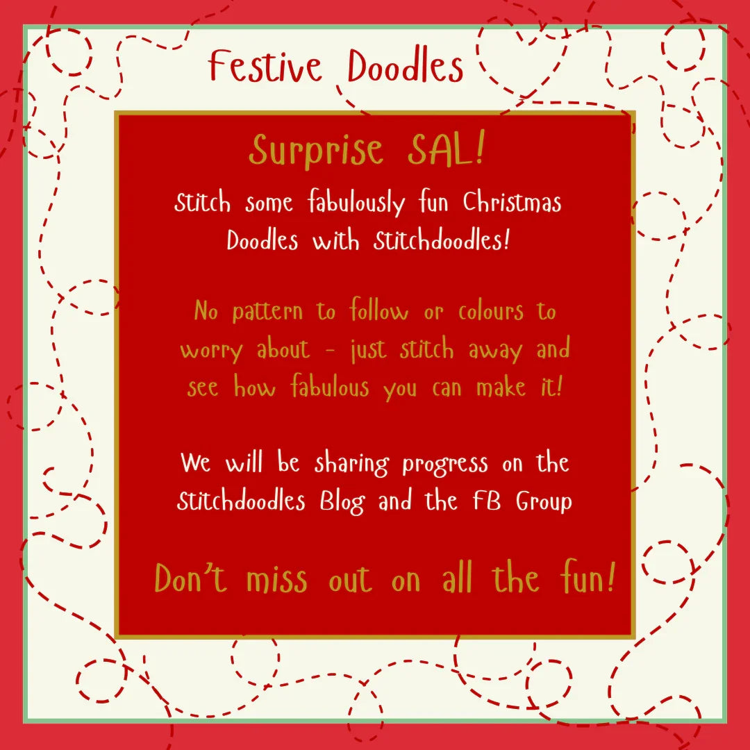 Red square with text about Stitchdoodles Christmas doodles on a decorative border.