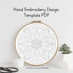 Hand embroidery design template PDF with a wooden hoop on a white background