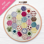 Embroidery hoop with colorful geometric patterns on a white background, labeled 'PDF Pattern'.