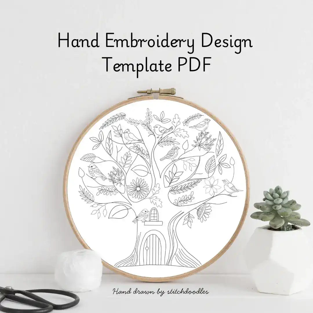 Hand embroidery design template PDF with a tree and birds pattern in an embroidery hoop on a white background.