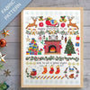 Framed Christmas-themed fabric pattern with Santa's sleigh, reindeer, and fireplace on a wooden surface.