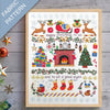 Framed Christmas-themed fabric pattern with Santa's sleigh, reindeer, and fireplace on a wooden surface.
