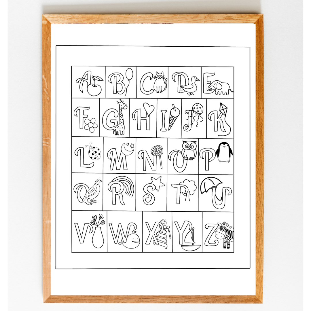 Framed alphabet poster with illustrations on a white background