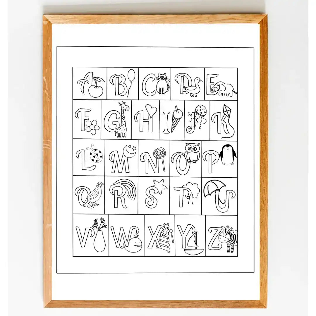 Framed alphabet poster with illustrations on a white background