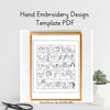 Hand embroidery design template PDF with alphabet and symbols in a wooden frame on a white background.