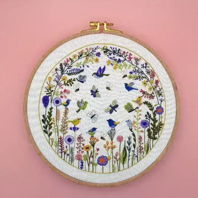 Pollinator Party Hand Embroidery Design Pattern, Beautiful birds and bees pollinating wildflowers