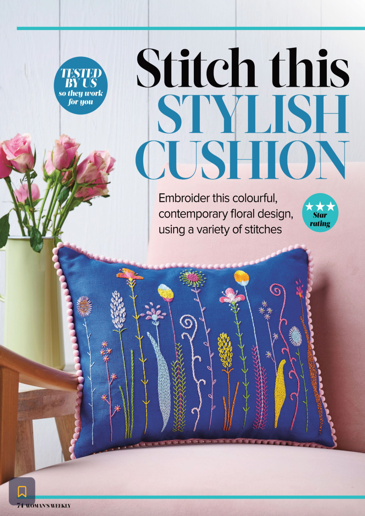 Floral embroidered cushion on a chair with text about stitching a stylish cushion.