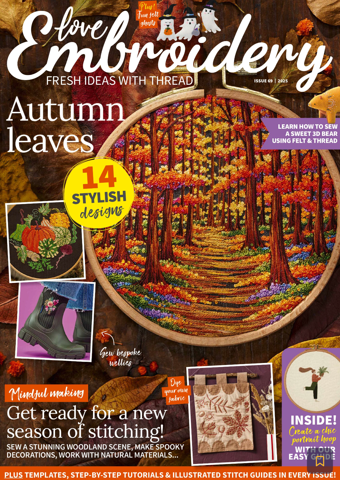 Magazine cover of 'Love Embroidery' featuring an autumn-themed embroidery design.