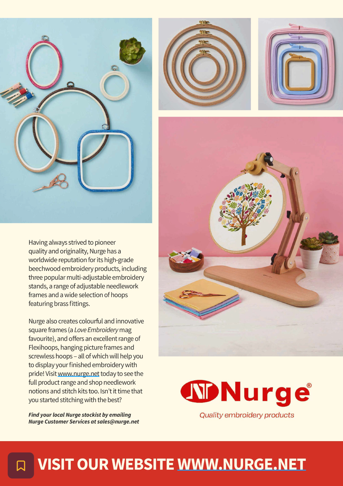Advertisement for Nurge embroidery products featuring various hoop options and a stand with a tree design.