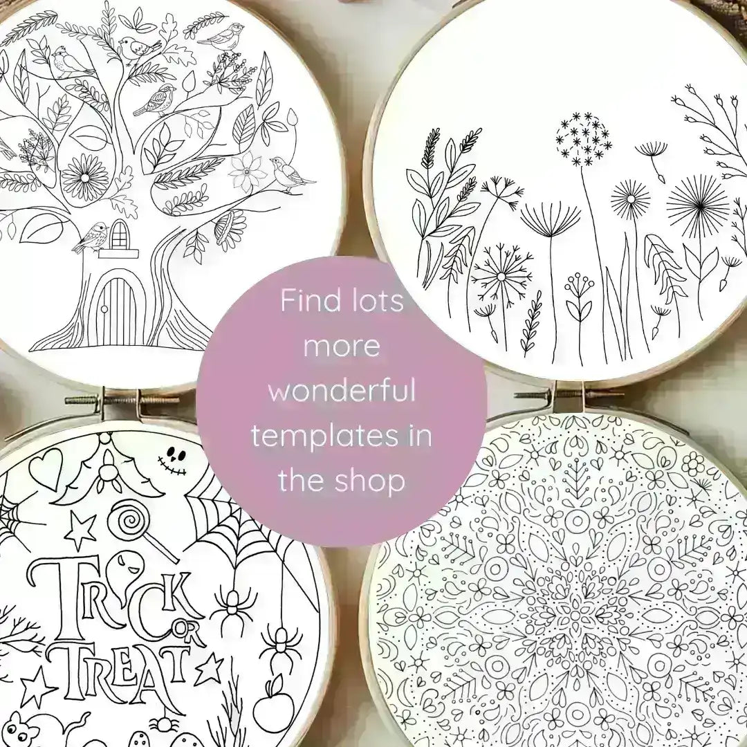 Four embroidery hoops with black and white designs on a light background, with a purple callout text.