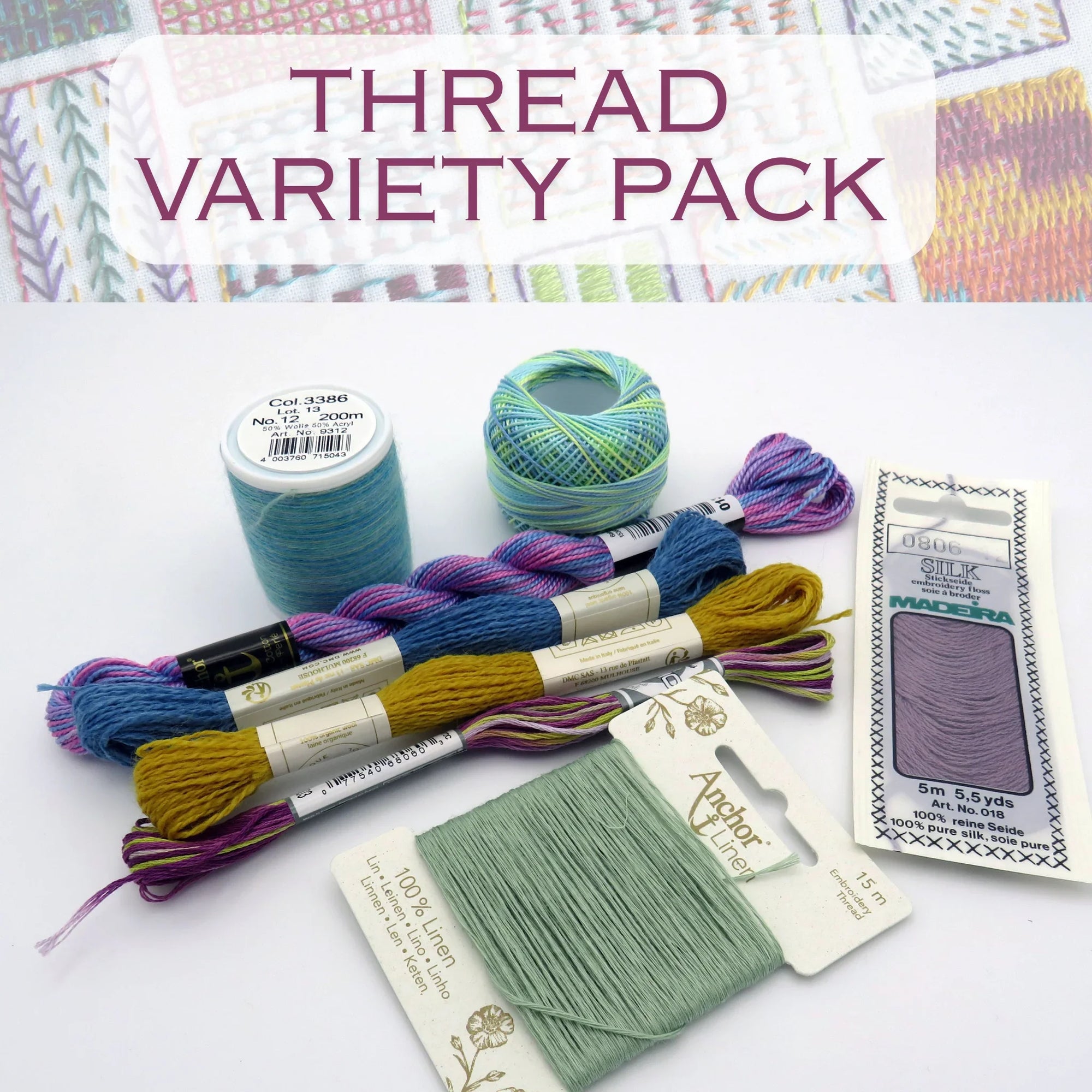 Thread variety pack with colorful threads and packaging on a white background
