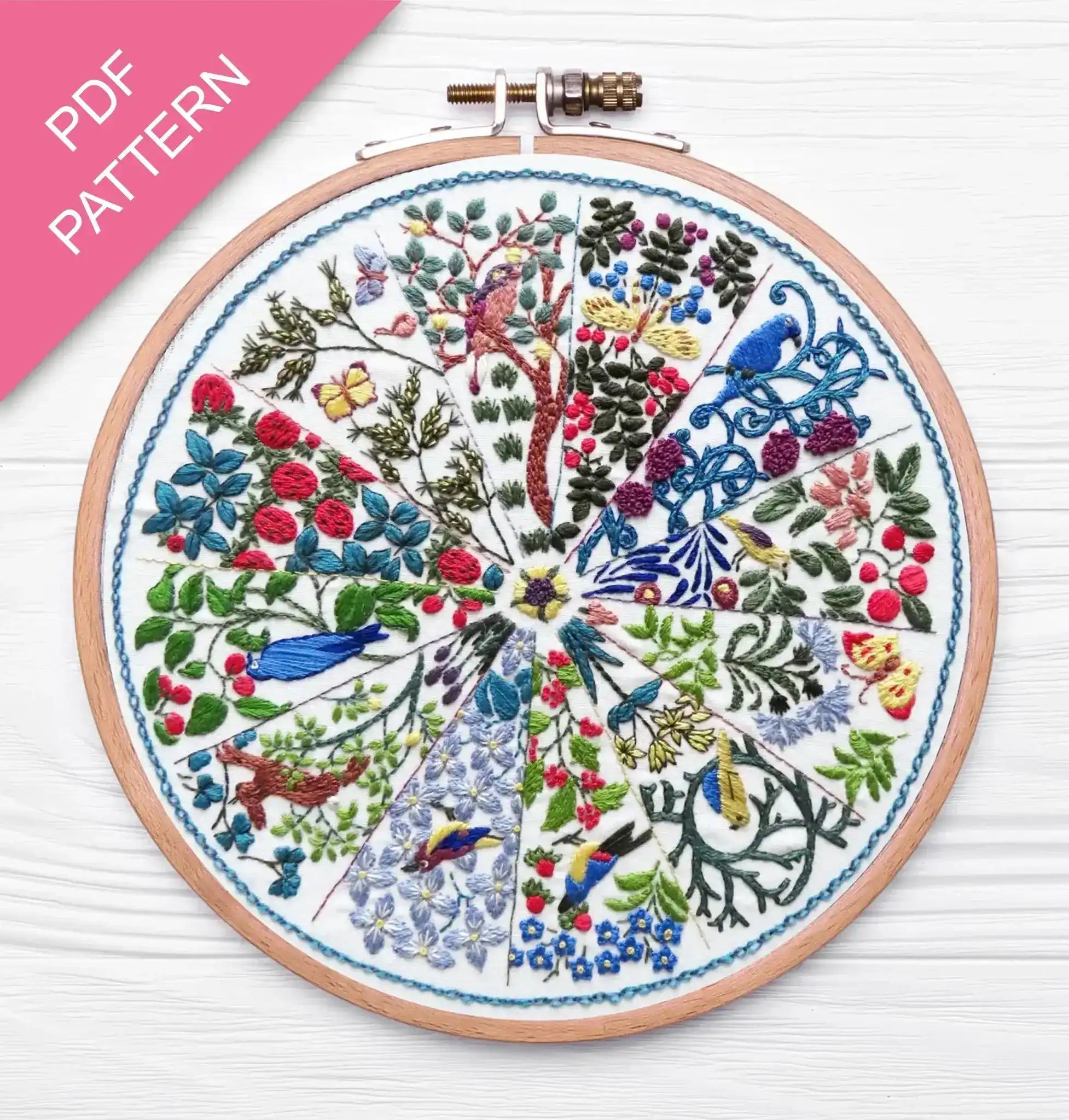 Embroidery hoop with a colorful floral and bird design on a white background, labeled 'PDF Pattern'.