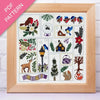 Framed cross-stitch pattern with various designs including birds, flowers, and animals on a white background.