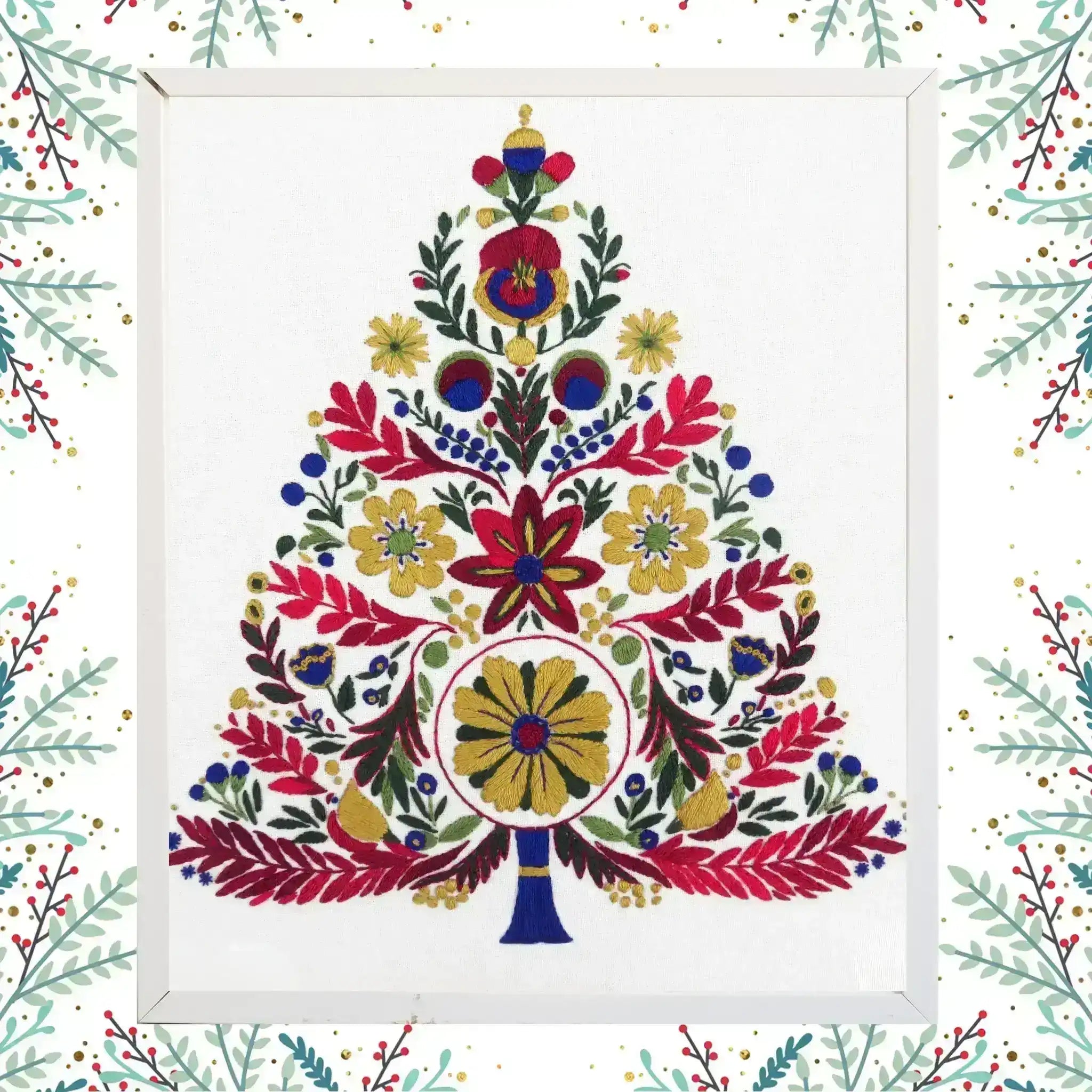 Decorative floral design with a central tree-like structure on a white background with floral patterns.