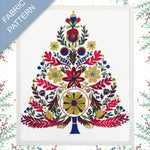 Colorful floral pattern with a white border on a fabric pattern label background