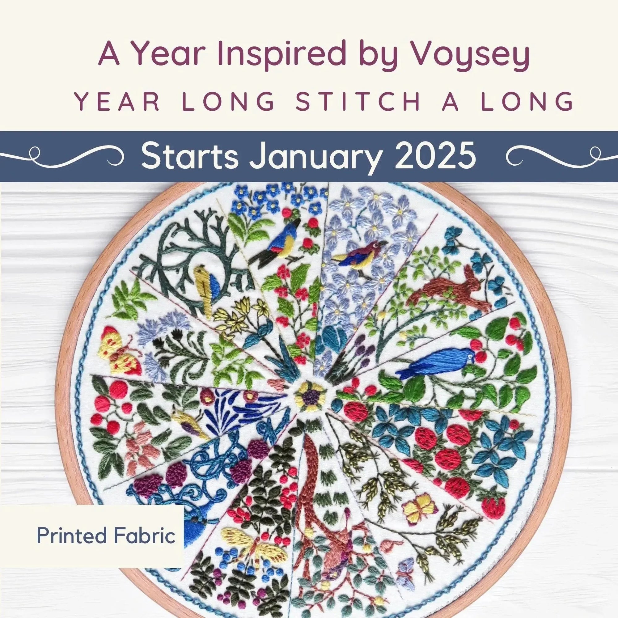 A Year Inspired by Voysey Printed Fabric , SAL Course , Thinkific , embroidery hoop kit, Embroidery Kit, embroidery kit for adults, embroidery kit fro beginners, embroidery pattern, flower embroidery, hand embroidery, hand embroidery kit, hand embroidery pattern, modern embroidery kits, month embroidery, PDF pattern, Thinkific, year embroidery , StitchDoodles , shop.stitchdoodles.com