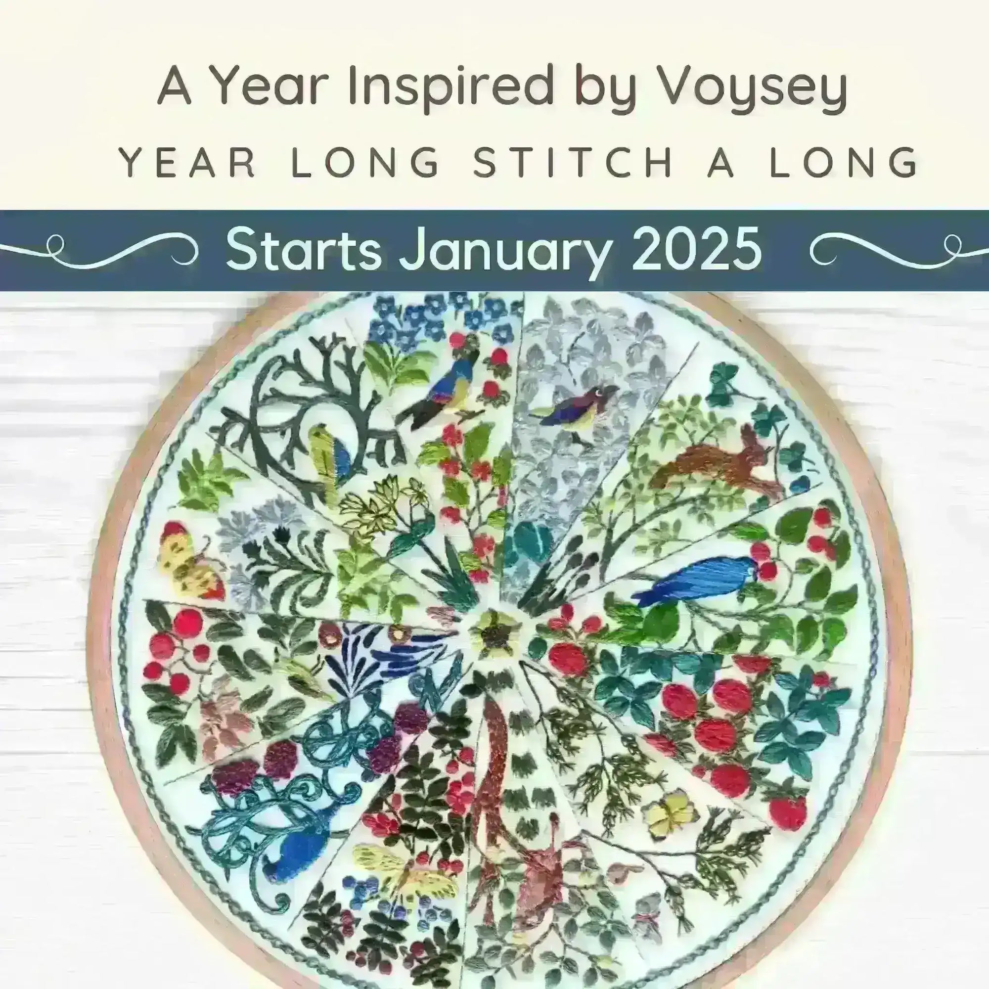 A Year Inspired by Voysey Stitch A Long Full Kit , SAL Course , StitchDoodles , embroidery hoop kit, Embroidery Kit, embroidery kit for adults, embroidery kit fro beginners, embroidery kits for beginners, embroidery pattern, flower embroidery, hand embroidery, hand embroidery kit, hand embroidery pattern, modern embroidery kits, month embroidery, PDF pattern, Thinkific, year embroidery , StitchDoodles , shop.stitchdoodles.com