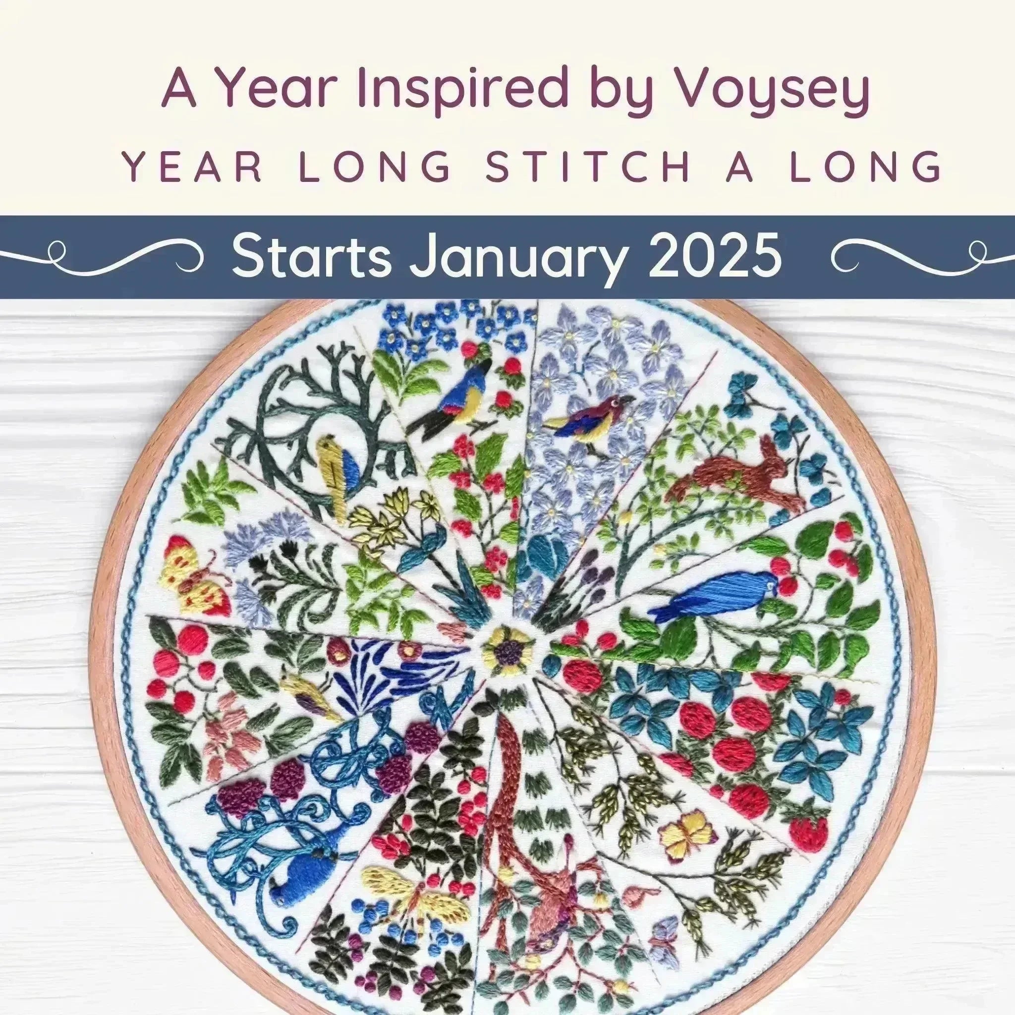 A Year Inspired by Voysey Stitch A Long Full Kit , SAL Course , StitchDoodles , embroidery hoop kit, Embroidery Kit, embroidery kit for adults, embroidery kit fro beginners, embroidery kits for beginners, embroidery pattern, flower embroidery, hand embroidery, hand embroidery kit, hand embroidery pattern, modern embroidery kits, month embroidery, PDF pattern, Thinkific, year embroidery , StitchDoodles , shop.stitchdoodles.com