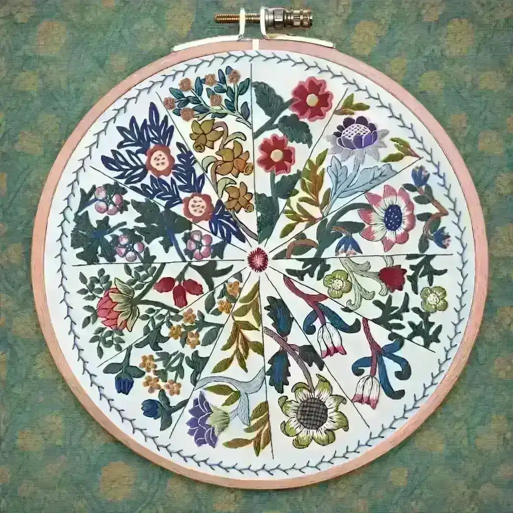 Embroidery hoop with floral pattern on a textured green background