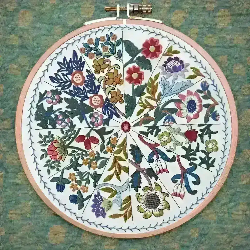 Embroidery hoop with floral pattern on a textured green background