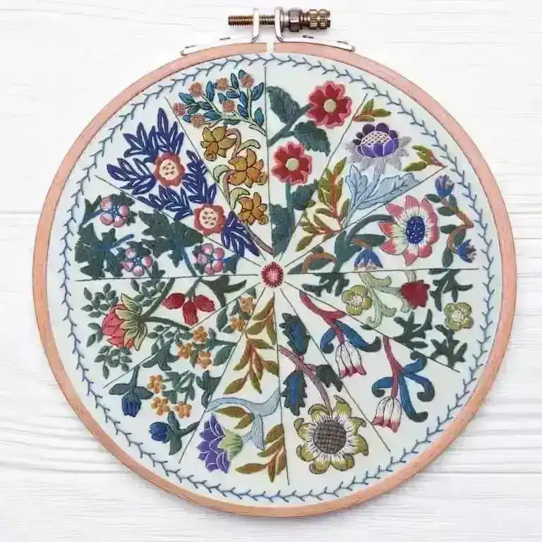 Embroidery hoop with floral pattern on a white wooden surface
