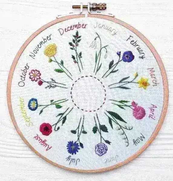 A Year of Flowers Pre Printed Fabric Pattern , Pre Printed Fabric Pattern , StitchDoodles , embroidery hoop kit, Embroidery Kit, embroidery kit for adults, embroidery kit fro beginners, flower month pattern, hand embroidery, hand embroidery pattern, modern embroidery kits, Printed Pattern, year of flowes , StitchDoodles , shop.stitchdoodles.com