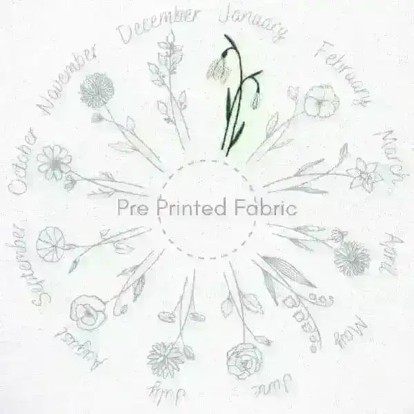 A Year of Flowers Pre Printed Fabric Pattern , Pre Printed Fabric Pattern , StitchDoodles , embroidery hoop kit, Embroidery Kit, embroidery kit for adults, embroidery kit fro beginners, flower month pattern, hand embroidery, hand embroidery pattern, modern embroidery kits, Printed Pattern, year of flowes , StitchDoodles , shop.stitchdoodles.com