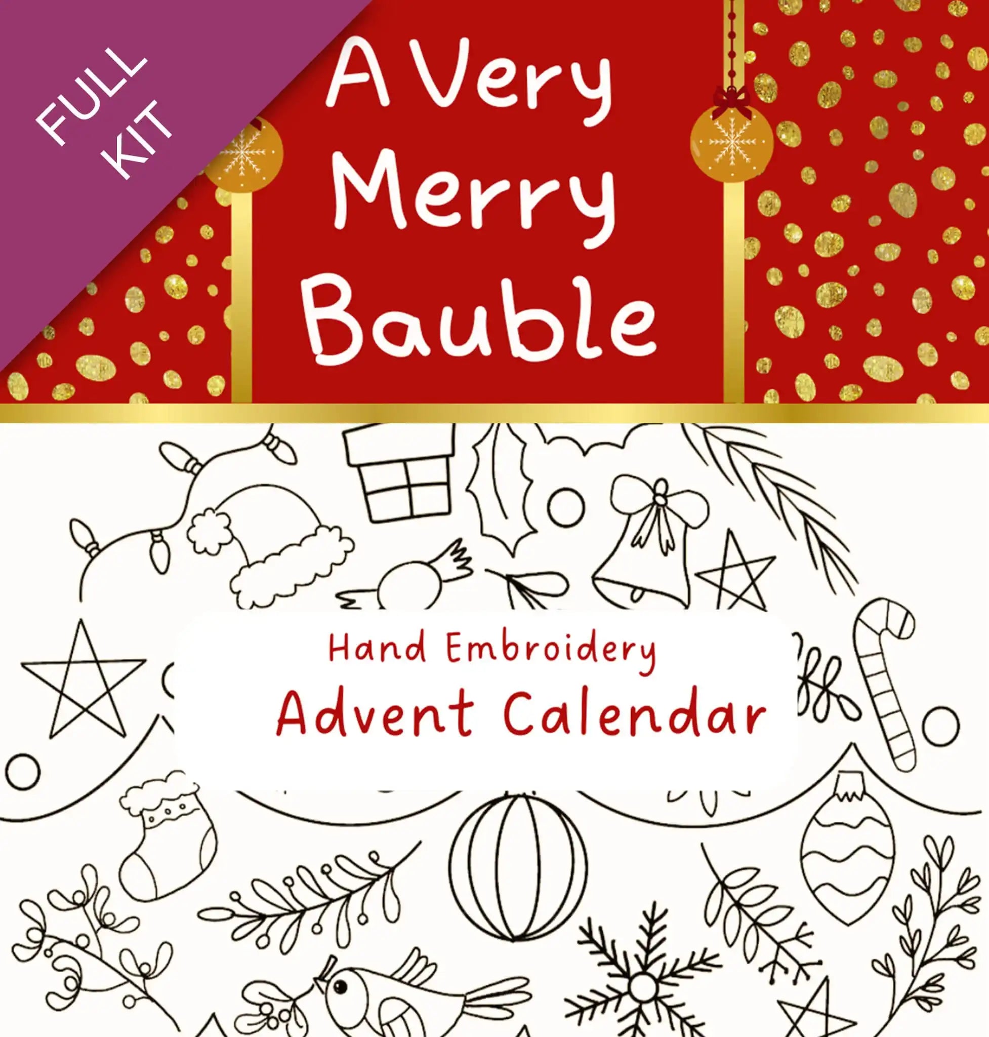 Hand embroidery advent calendar with Christmas-themed designs and text 'A Very Merry Bauble'.