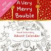 Hand embroidery advent calendar pattern with Christmas-themed designs on a red background.