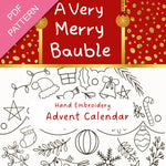 Hand embroidery advent calendar pattern with Christmas-themed designs on a red background.